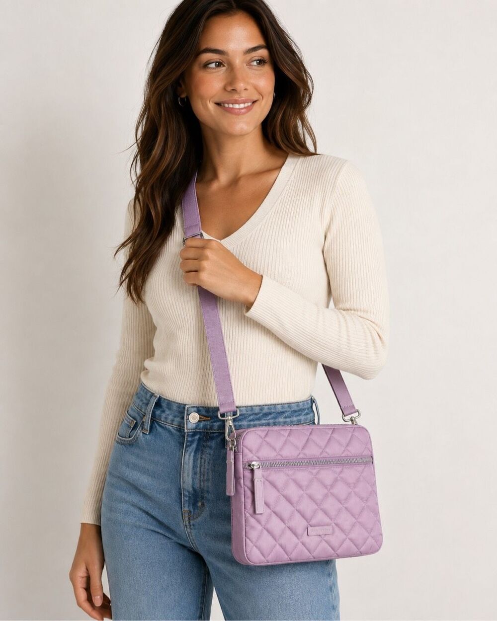 Vera Bradley Lilac Quilted Crossbody Bag Floral Lining Adjustable Strap